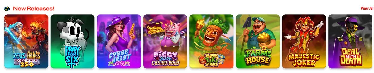 “New Releases carousel showing game tiles (Zeus vs Hades: Gods of War 250, Pray For…, Cyber Heist City, Piggy Blitz Casino Gold, Super Strike, Farm House, Majestic Joker, Deal With Death) with a ‘View All’ link on the right.”