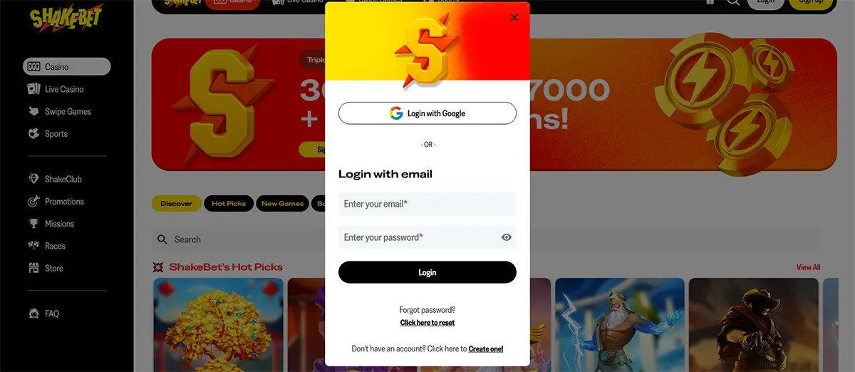 Screenshot of the ShakeBet casino website showing a centred login pop-up with “Login with Google” plus email and password fields, over an orange promo banner and left-side navigation menu.
